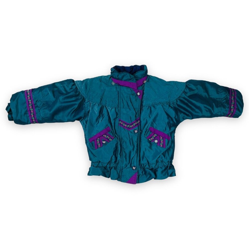 Vintage Girls Green + Purple Floral Winter Snow Ski Jacket Coat 6 - 7